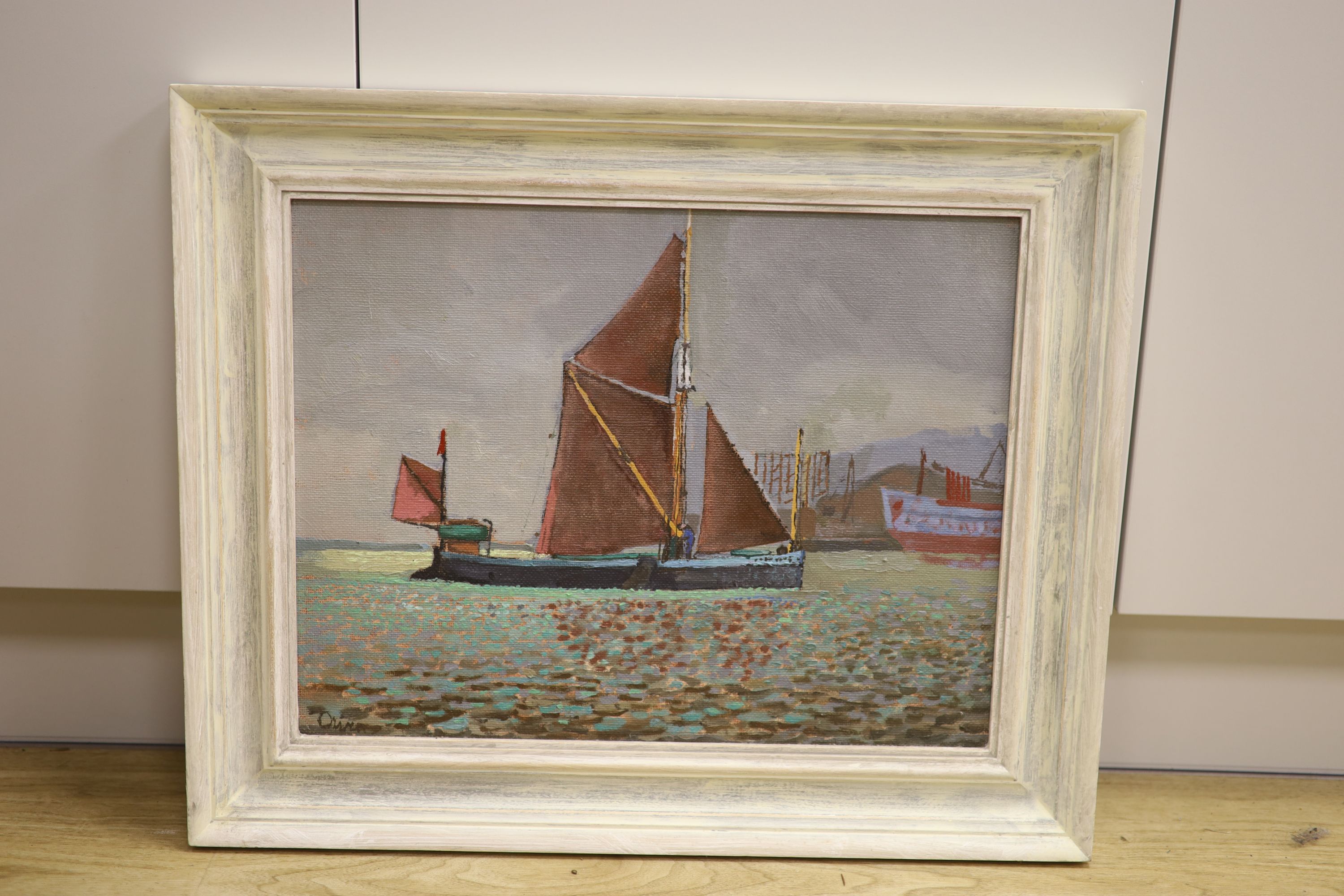 John Owen, oil on canvas board, Sailing barge entering port, signed, 35 x 45cm